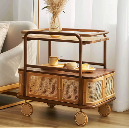 Wabi-sabi style solid wood rattan woven storage trolley, movable side table, living room and bedroom storage rack - Image 8
