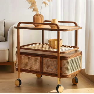 Wabi-sabi style solid wood rattan woven storage trolley, movable side table, living room and bedroom storage rack