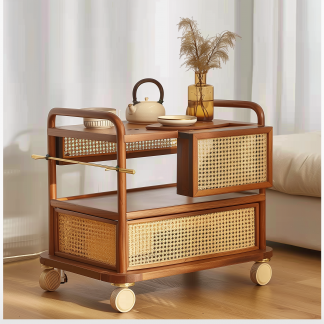 Solid wood mobile wheeled side table, stainless steel storage, vintage trolley, living room storage, rattan woven storage, simple coffee table