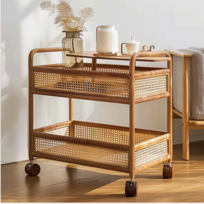 Wabi-sabi style solid wood rattan woven storage trolley, movable side table, living room and bedroom storage rack - Image 9