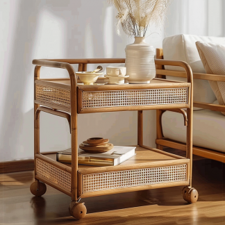 Wabi-sabi style solid wood rattan woven storage trolley, movable side table, living room and bedroom storage rack