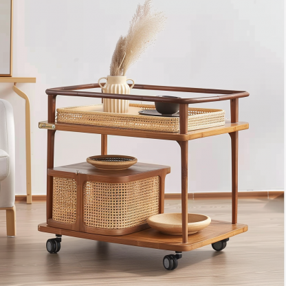 Wabi-sabi style solid wood rattan woven storage trolley, movable side table, living room and bedroom storage rack - Image 7