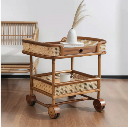 Wabi-sabi style solid wood rattan woven storage trolley, movable side table, living room and bedroom storage rack - Image 6