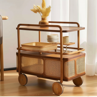 Solid wood mobile wheeled side table, stainless steel storage, vintage trolley, living room storage, rattan woven storage, simple coffee table - Image 4