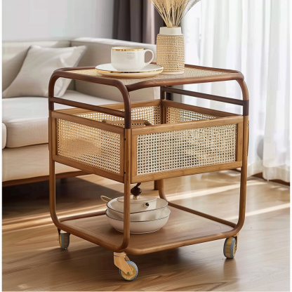 Wabi-sabi style solid wood wicker trolley, living room sofa side table, mobile coffee table, household storage rack side cabinet - Image 6