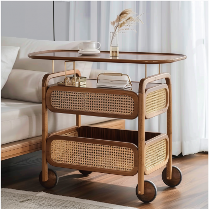 Wabi-sabi style solid wood wicker trolley, living room sofa side table, mobile coffee table, household storage rack side cabinet - Image 5