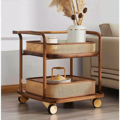 Wabi-sabi style solid wood wicker trolley, living room sofa side table, mobile coffee table, household storage rack side cabinet - Image 4