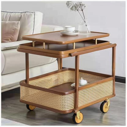 Wabi-sabi style solid wood wicker trolley, living room sofa side table, mobile coffee table, household storage rack side cabinet - Image 3