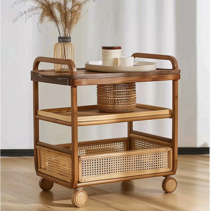 Wabi-sabi style solid wood rattan woven storage trolley, movable side table, living room and bedroom storage rack - Image 4