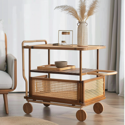 Wabi-sabi style solid wood rattan woven storage trolley, movable side table, living room and bedroom storage rack - Image 4