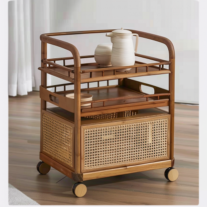 Wabi-sabi style solid wood rattan woven storage trolley, movable side table, living room and bedroom storage rack - Image 3