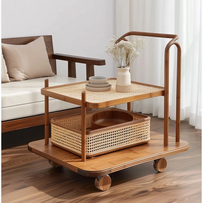Wabi-sabi style solid wood rattan woven storage trolley, movable side table, living room and bedroom storage rack - Image 3