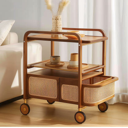 Solid wood mobile wheeled side table, stainless steel storage, vintage trolley, living room storage, rattan woven storage, simple coffee table - Image 2