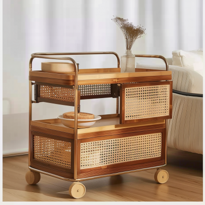 Wabi-sabi style solid wood rattan woven storage trolley, movable side table, living room and bedroom storage rack - Image 2