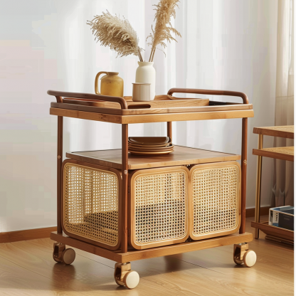 Wabi-sabi style solid wood wicker trolley, living room sofa side table, mobile coffee table, household storage rack side cabinet - Image 9