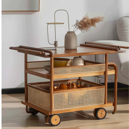 A wabi-sabi style wicker side table in the living room, a cabinet beside the sofa, and a small ancient-style trolley shelf - Image 9