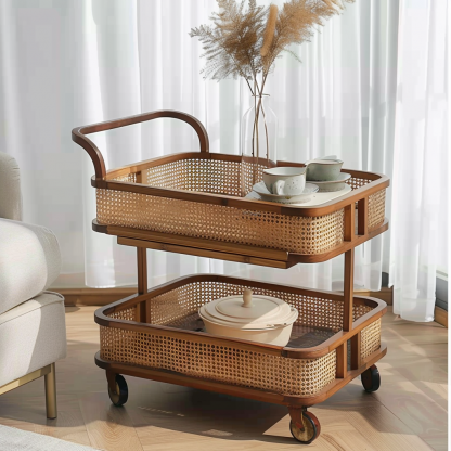 A wabi-sabi style wicker side table in the living room, a cabinet beside the sofa, and a small ancient-style trolley shelf - Image 8