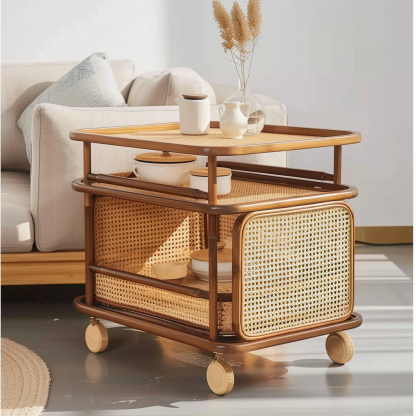 A wabi-sabi style wicker side table in the living room, a cabinet beside the sofa, and a small ancient-style trolley shelf - Image 7
