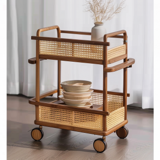 A wabi-sabi style wicker side table in the living room, a cabinet beside the sofa, and a small ancient-style trolley shelf