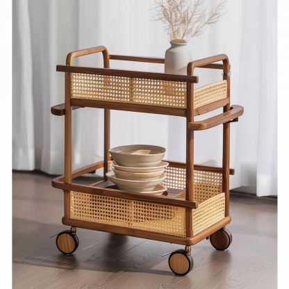 A wabi-sabi style wicker side table in the living room, a cabinet beside the sofa, and a small ancient-style trolley shelf