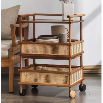 Wabi-sabi style solid wood wicker trolley, living room sofa side table, mobile coffee table, household storage rack side cabinet - Image 2