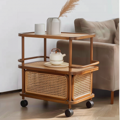 Wabi-sabi style solid wood rattan woven storage trolley, movable side table, living room and bedroom storage rack - Image 2
