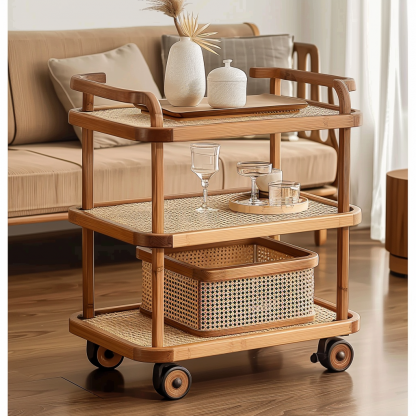 Wabi-sabi style solid wood rattan woven storage trolley, movable side table, living room and bedroom storage rack - Image 3
