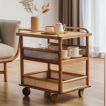 Wabi-sabi style solid wood rattan woven storage trolley, movable side table, living room and bedroom storage rack - Image 2