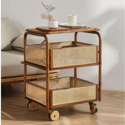 A wabi-sabi style wicker side table in the living room, a cabinet beside the sofa, and a small ancient-style trolley shelf - Image 5