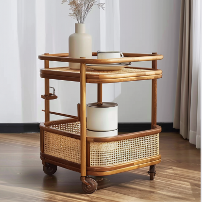 A wabi-sabi style wicker side table in the living room, a cabinet beside the sofa, and a small ancient-style trolley shelf - Image 4