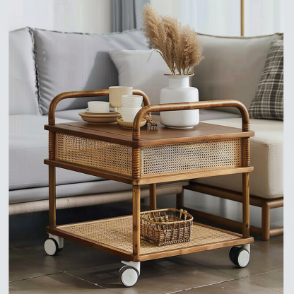 A wabi-sabi style wicker side table in the living room, a cabinet beside the sofa, and a small ancient-style trolley shelf - Image 3