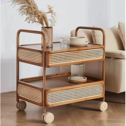 A wabi-sabi style wicker side table in the living room, a cabinet beside the sofa, and a small ancient-style trolley shelf - Image 2