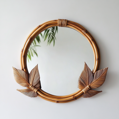 Wabi-sabi style retro rattan leaf-shaped mirror, wall-mounted decorative mirror, entrance mirror for homestay hotels - Image 10