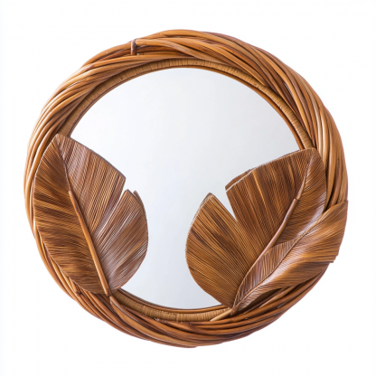 French retro rattan leaf wall decoration, entrance mirror, bedroom makeup mirror, and decorative mirror for homestays and hotels - Image 3