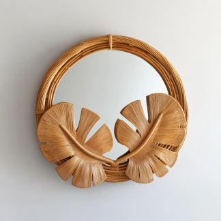 A popular round retro wicker mirror, bamboo weaving hanging mirror, makeup mirror, homestay mirror, Japanese-style wall Instagram decorative mirror