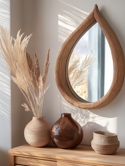 Wabi-sabi style retro rattan leaf-shaped mirror, wall-mounted decorative mirror, entrance mirror for homestay hotels - Image 5