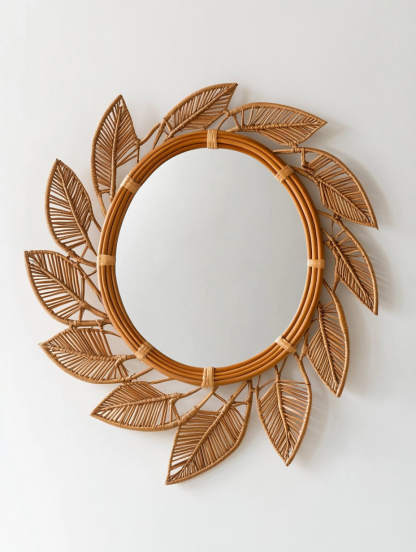 Wabi-sabi style retro rattan leaf-shaped mirror, wall-mounted decorative mirror, entrance mirror for homestay hotels - Image 4
