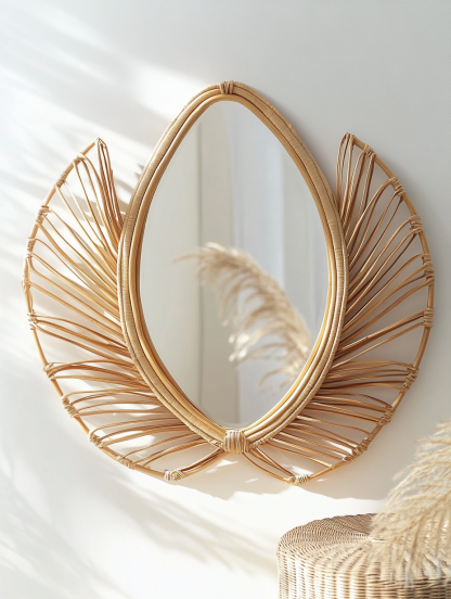Wabi-sabi style retro rattan leaf-shaped mirror, wall-mounted decorative mirror, entrance mirror for homestay hotels - Image 3