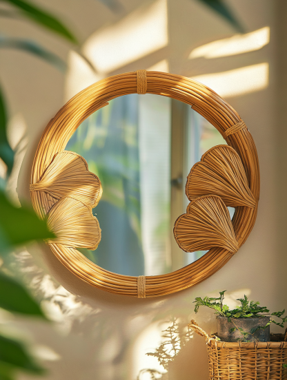 Wabi-sabi style retro rattan leaf-shaped mirror, wall-mounted decorative mirror, entrance mirror for homestay hotels - Image 2