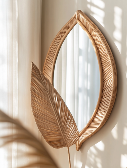 Wabi-sabi style wicker mirror, living room and bedroom wall-mounted dressing mirror, creative teardrop-shaped decorative mirror, photo prop - Image 2