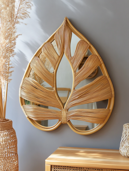 Wabi-sabi style rattan makeup mirror, French bedroom mirror with light, smart anti-fog wall-mounted mirror, water drop bathroom mirror - Image 2