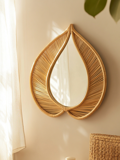 Wabi-sabi style wicker mirror, stand mirror, Nordic retro handcrafted makeup table mirror, dressing table, small round mirror - Image 3