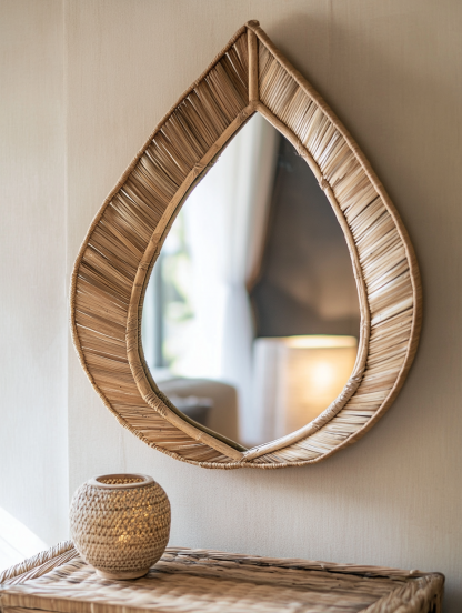 Wabi-sabi style wicker mirror, stand mirror, Nordic retro handcrafted makeup table mirror, dressing table, small round mirror - Image 2