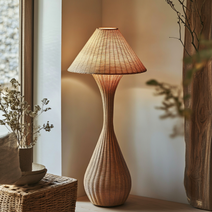 Wabi-sabi style rattan floor lamp for living room, bedroom, study, homestay and tea room, a retro designer artistic lighting fixture