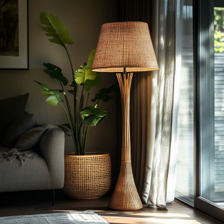 Wabi-sabi style rattan floor lamp for living room, bedroom, study, homestay and tea room, a retro designer artistic lighting fixture