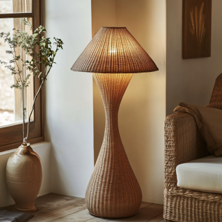 Wabi-sabi style rattan floor lamp for living room, bedroom, study, homestay and tea room, a retro designer artistic lighting fixture