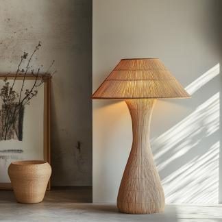 Wabi-sabi style rattan floor lamp for living room, bedroom, study, homestay and tea room, a retro designer artistic lighting fixture