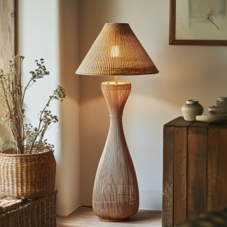 Wabi-sabi style rattan floor lamp for living room, bedroom, study, homestay and tea room, a retro designer artistic lighting fixture