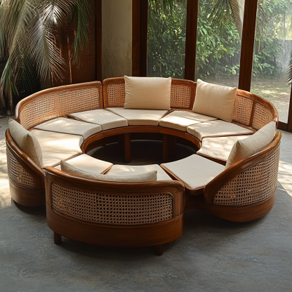 Wabi-sabi style solid wood rattan woven sofa, Nordic modern and simple creative living room round sofa for home use - Image 4