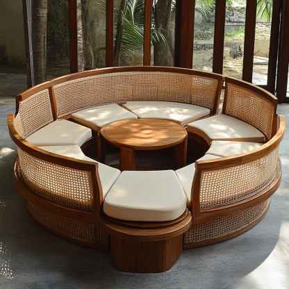 Wabi-sabi style solid wood rattan woven sofa, Nordic modern and simple creative living room round sofa for home use - Image 3
